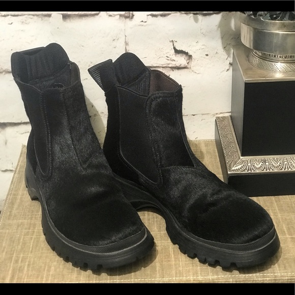Prada Lug Heel Calf Hair Ankle Boots 